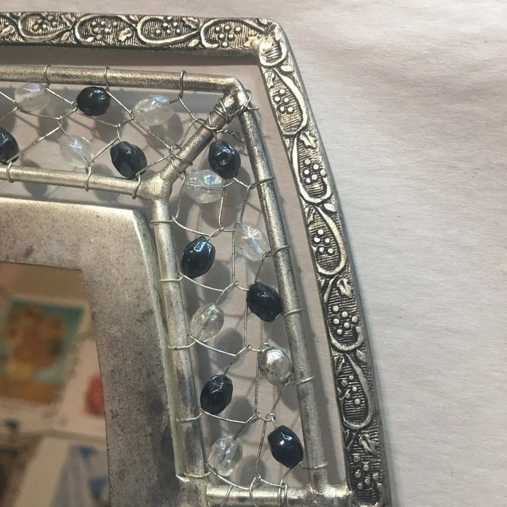 Silver-Tone Sapphire and Iridescent Glass Bead Hand Tied Mirror Art Deco Boho‎